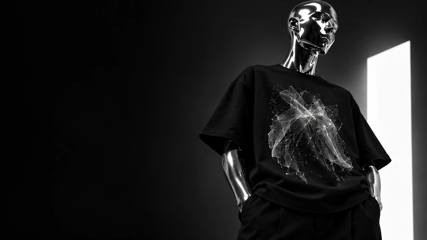 Chrome sculpture wearing a black oversized MORPH T-shirt with white generative artwork