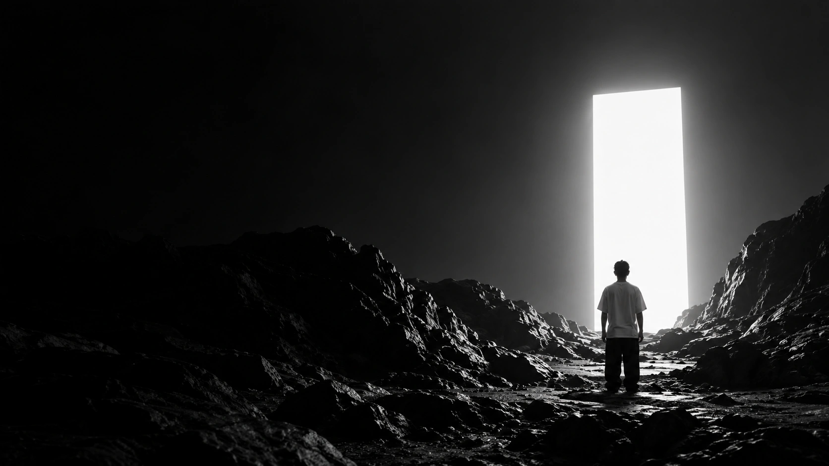 A figure facing an illuminated doorway in a monochrome sculptural landscape